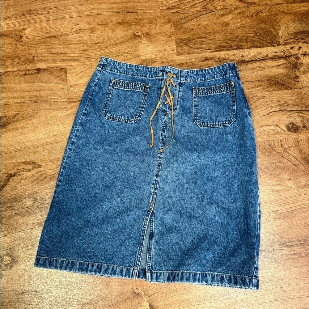 Vintage Y2K Covington Denim Leather Lace Up Knee Length Front Slit Skirt -14- - Picture 2 of 6